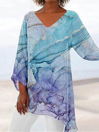 T-shirt Casual Loose And Irregular Printed Long Sleeve V-neck Top