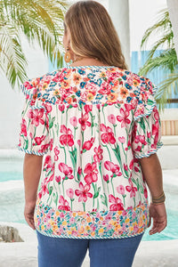 Plus Size Floral Print Striped Trim V Neck Blouse