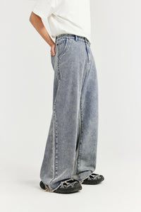 Washed Distressed Men's Clothing Vintage Raw Hem Wide Legs Jeans