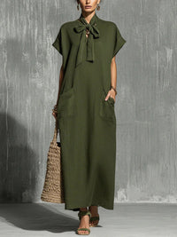 V-neck Lace-up Short-sleeve Solid-color Loose Casual Dress