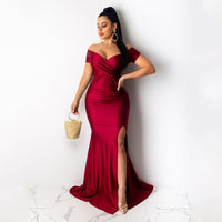 Nightclub V-neck Formal Dress In Solid Color With A High Slit And Short Sleeves