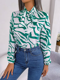 Women's Elegant Color Block Stripe Tie Waist Lantern Sleeve Chiffon Top