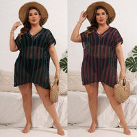 Contrast-color Patchwork Hollow-out Woven Cover-up Beach Bikini For Women