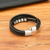 Multi-layer Mens Leather Braided Rope Stainless Steel Bracelet