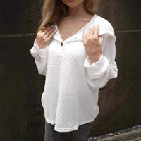 Solid Color Buttons Hoodie With Drawstrings V-neck Casual Loose Long Sleeve Sweatershirt