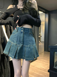 Denim Skirt Pear-shaped High Waist Slimming Sense Of Design Pleated A- Line Sheath Little Short Dress