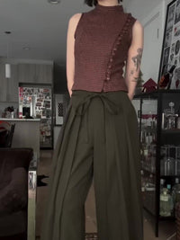 Military Green High Waist Wide-Leg Draped Pants