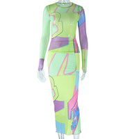 Fashionable Printed Crew-Neck Long-Sleeve Slim-Fit Top Dress