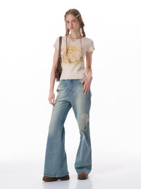 High Waist Bow Patch Wide Leg Straight Jeans