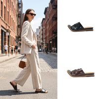 Women's Premium Full Grain Leather Studded Slide Sandals, Open Toe Flat Mules