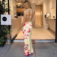 Womens Floral Print Off-Shoulder Lace-Patchwork Strap Backless Dress