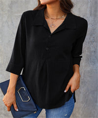 Solid-color Lapel-neck Slit Peplum Three-quarter-sleeve Womens Shirt