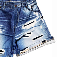 Ripped-look Denim-style Printed Three-quarter Pants