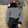 Women's Mid-collar Striped Off-the-shoulder Knitted Sweater