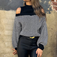 Women's Mid-collar Striped Off-the-shoulder Knitted Sweater