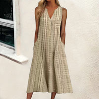Fashionable Pocketed V-Neck Striped Sleeveless Casual Dress