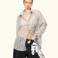Women's Pleated Micro-transparent Plaid Long-sleeved Shirt Summer New