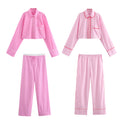 Women's Simple Striped Pajamas Style Shirt Pants Suit