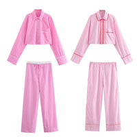 Women's Simple Striped Pajamas Style Shirt Pants Suit