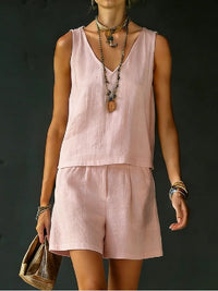 Sleeveless Linen Cotton Top Vest And Shorts Womens Solid Color Two-Piece Set