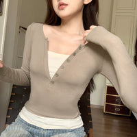 Color Contrast Patchwork Fake Two Pieces Long Sleeve Slim-fit Top