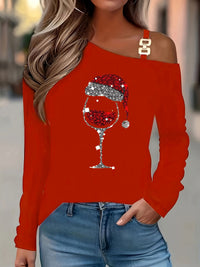 Casual Christmas Printed Long Sleeve Off-the-shoulder T-shirt