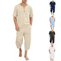 Casual V-neck Short-sleeve Top And Loose Cropped Pants Breathable Cotton-linen Athletic Set