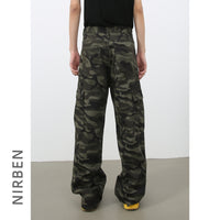 Mens Retro Camo Cargo Denim Jeans With Big Pockets
