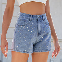 Washing Design Beaded Slimming Denim Half-length Women's Shorts