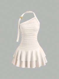 One-Shoulder Halterneck Slimming Waist-Cinching Pleated Skirt Pure And Alluring Versatile Off-Shoulder Dress