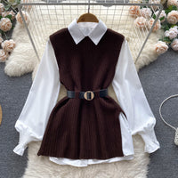 Slit Knitted Vest Shirt Western Style Youthful-looking Two-piece Set