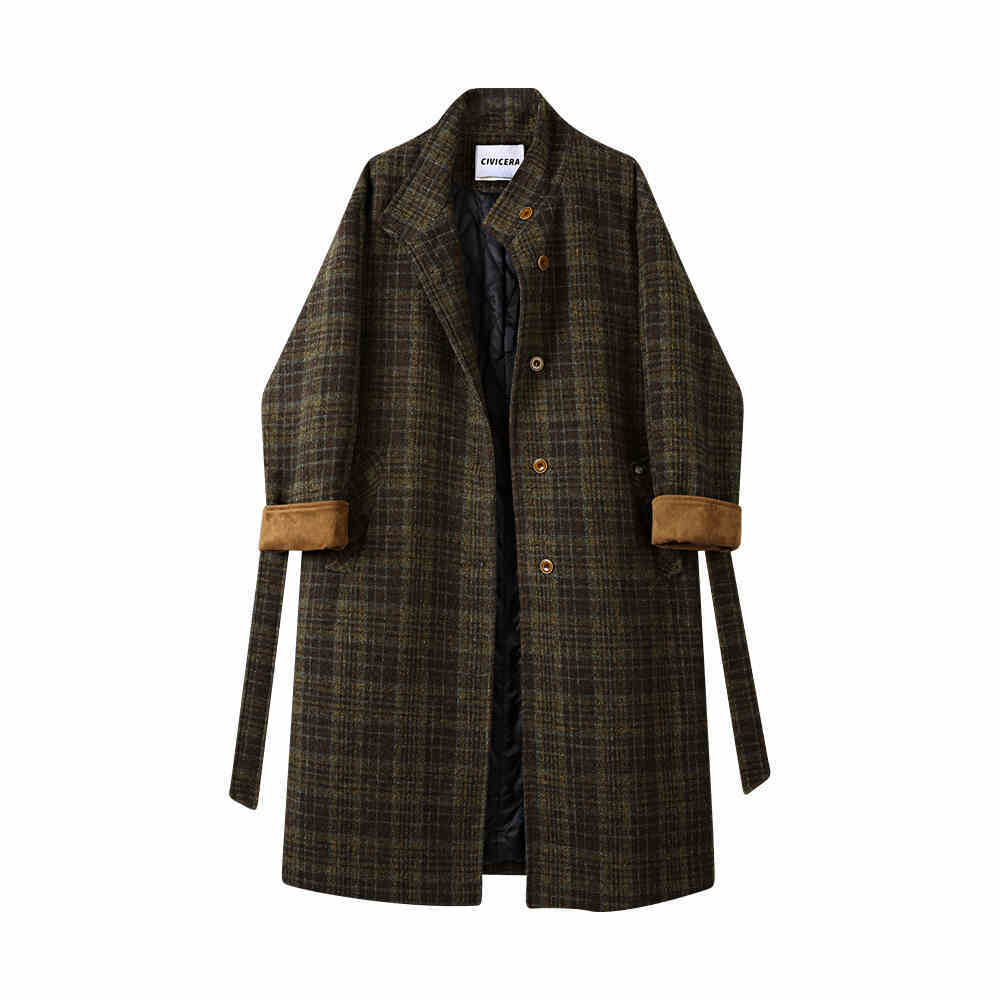 Cotton Padded Thickened Long Retro Stand Collar Checked Woolen Coat Women