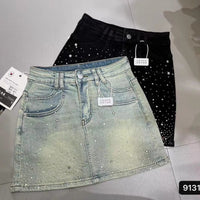 Retro Rhinestone Bright Star River Slim-fit Slimming Denim Skirt