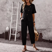 Elegant Buttoned Short-Sleeve Pants Casual Two-Piece Set