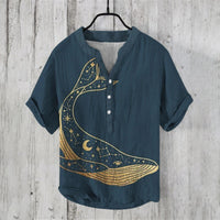 Printed V-neck Men's 3 Breasted Pullover Short Sleeve Shirt