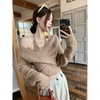 Fake Two-piece Off-shoulder Halter Long-sleeved Sweater