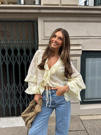 French-style Ruffled Lace Cardigan With Flared Sleeves And Tie Detailing