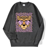 Womens Casual Loose Fleece-Backed Sweatshirt With Leopard Print