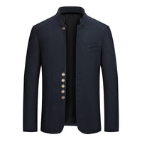 Mens Wool Tweed Zhongshan Suit With A Mandarin Collar For A Refined Tailored Look
