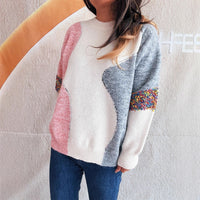 Contrast Color Retro Knitted Round Neck Loose-fitting Women's Sweater