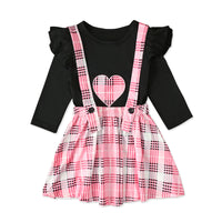 Love Long-sleeved Blouse Plaid Suspender Skirt Two-piece Children's Wear