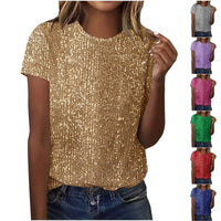 Women's Commuter Sequin Loose Crew Neck Short-Sleeve Top