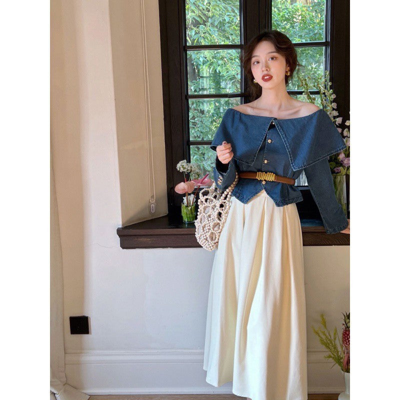 Lapel Long Sleeve Denim Waist-controlled Top Mid-length Skirt