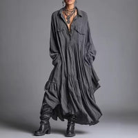 Artistic Retro Loose Pleated Long-Sleeve Shirt Dress