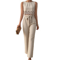 Solid-color Hollow-out Vest And High-waist Straight-leg Pants Set