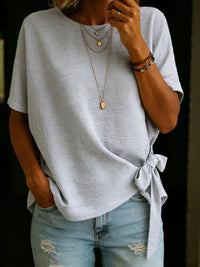 Womens Summer New Solid Color Short-Sleeve Loose T-Shirt With Knotted Hem