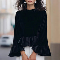 Womens Solid-Color Long-Sleeve Crew-Neck Ruffle-Trim Sweatshirt Top