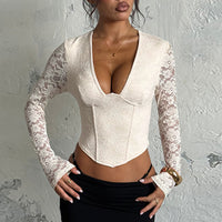 Sexy Bust-enhancing Pure Desire Lace Slim-fit Vintage Waist-cinching Long-sleeved Top