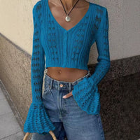 Women's Clothes Sexy Cutout Bell Sleeve Solid Color Short Knitted Top