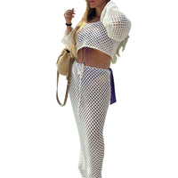 Womens Cropped Long-Sleeve Knitted Top And Skirt Set